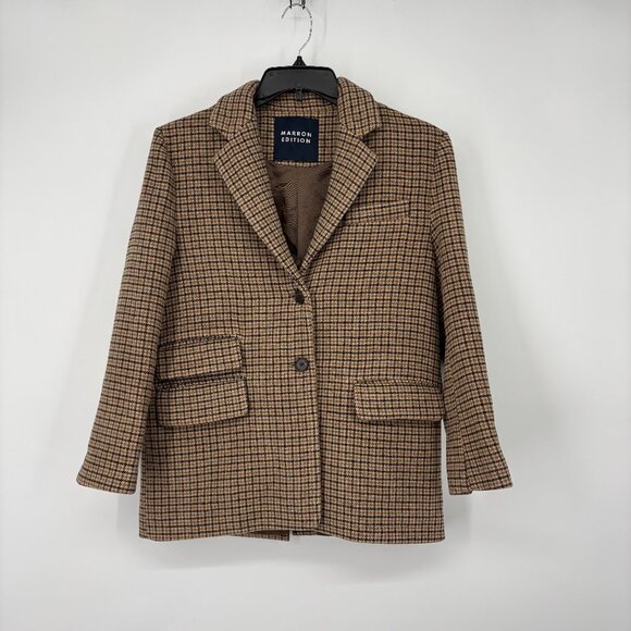Marron Edition Women Wool Houndstooth Long Sleeve Suit Blazer Brown OS $248 NWOT - Picture 2 of 5